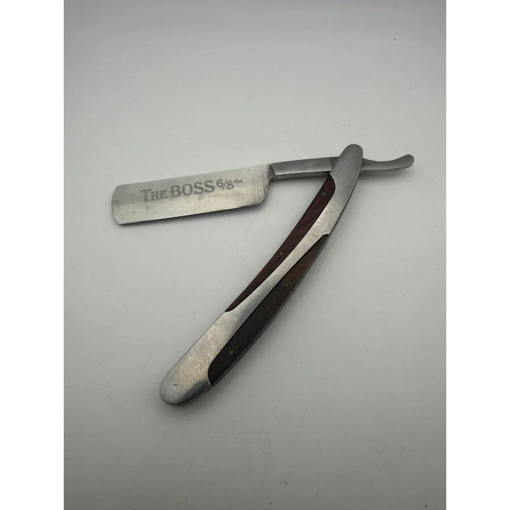 The BOSS 6/8ths Straight Razor Folding Shaving Tool Wood Handle Inlay Vintage